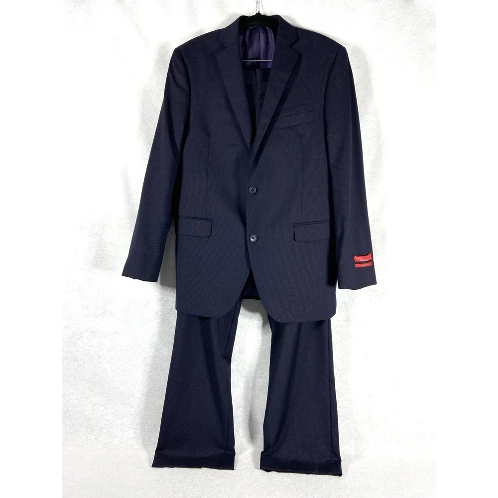 Red Saks Fifth Avenue 2PC Suit Mens 40R Blue Trim Fit Striped Via Manzoni Wool